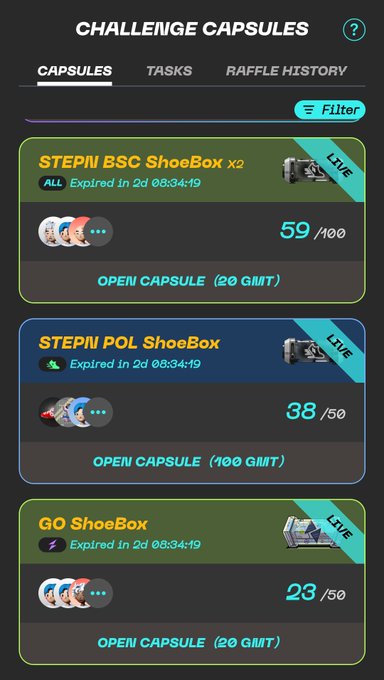 A 'Challenge Capsules' interface displaying three live shoe capsule options: STEPII BSC ShoeBox x2 (59/100, 20 GMT), STEPII POL ShoeBox (38/50, 100 GMT), and GO ShoeBox (23/50, 20 GMT), all expiring in 2 days.