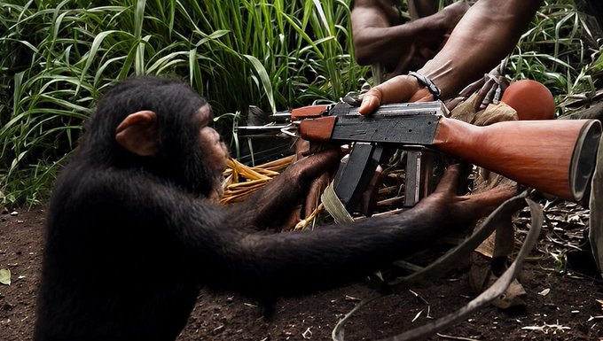 A young chimpanzee reaches out toward a person lying on the ground holding an AK-47 rifle in a grassy area, referencing the famous 'Rise of the Planet of the Apes' image of the ape and gun.