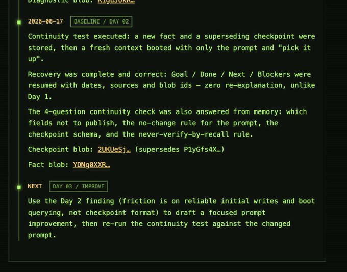 Diagnostic blog entry dated 2026-08-17 (Baseline / Day 02) detailing a successful continuity test, noting checkpoint blob 2UKUeSj… and fact blob YDNg0XXR…, with a plan for Day 03 to improve the prompt.