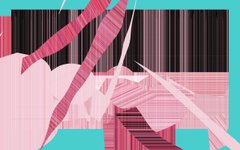 A small abstract image features pink and magenta jagged shapes against a cyan background with vertical black lines, resembling a stylized or glitched graphic.
