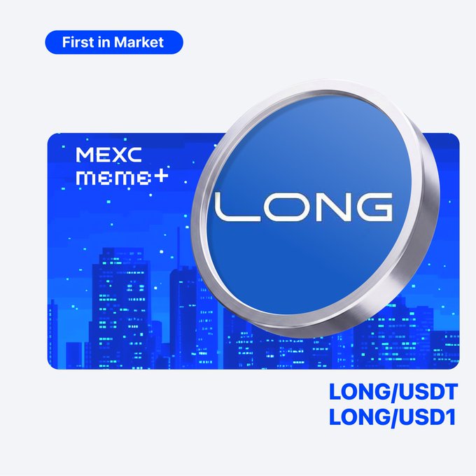 A promotional graphic announcing the MEXC Meme+ listing of $LONG token, featuring a blue cityscape background with a large silver coin displaying "LONG" and "First in Market" badge in the top left, with LONG/USDT and LONG/USD1 trading pairs listed at the bottom.