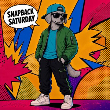 A stylish cartoon dog wearing a snapback hat, sunglasses, a green bomber jacket, and joggers stands confidently against a vibrant pop-art background, with a speech bubble reading "SNAPBACK SATURDAY" that ties directly to the post's "OTF" theme.