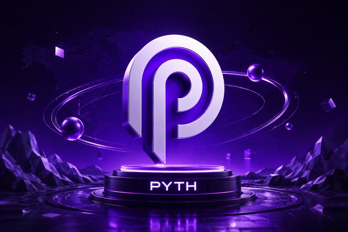The image features a large purple logo with the word "Pyth" written below it. The logo is surrounded by various objects such as planets, spheres, and rocks, creating an abstract scene that resembles outer space or a futuristic environment. The background of the image is dark blue, which contrasts with the vibrant purple logo and adds depth to the overall composition.
