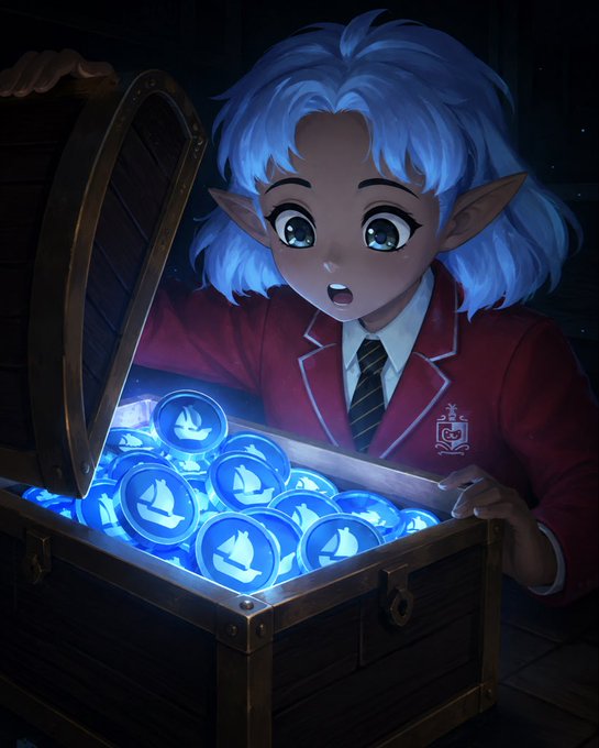 Anime-style illustration of a blue-haired elf-like girl in a red school uniform looking amazed at a treasure chest filled with glowing blue coins.