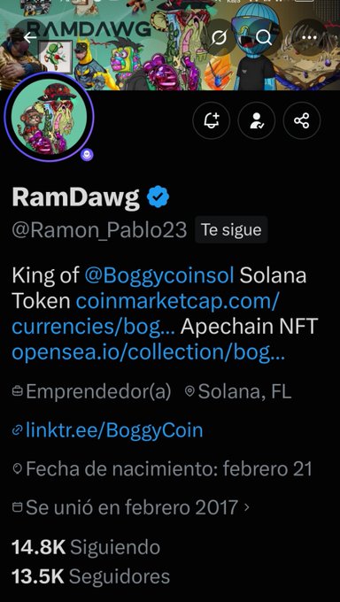 A Twitter/X profile screenshot for RamDawg (@Ramon_Pablo23), described as 'King of @BoggycoinsoI Solana', showing 14.8K Siguiendo and 13.5K Seguidores with location listed as Solana, FL.
