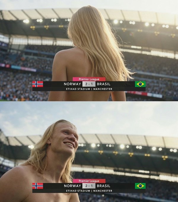 The image shows a shirtless blonde man at Etihad Stadium, with a scoreboard displaying "NORWAY 2 - 1 BRASIL." The captions reference a "2026 Bull Market Expectation vs 2026 Bull Market Reality," implying a humorous contrast where fans likely expected their favored team (Brasil) to dominate, only to be surprised by Norway's unexpected 2-1 victory.