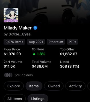 An OpenSea listing page for the 'Milady Maker' NFT collection by 0x43e...89aa on Ethereum, showing a floor price of $1,970.20, total volume of $438.6M, and 5.1K holders.