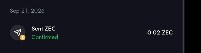 A transaction confirmation screen dated Sep 21, 2026, showing a sent ZEC (Zcash) payment of -0.02 ZEC marked as 'Confirmed' with a paper airplane icon.