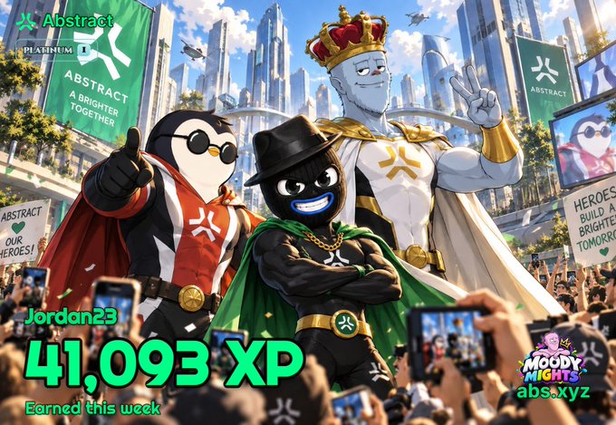 An Abstract promotional graphic featuring cartoon penguin characters in heroic attire with text 'Jordan23', '41,093 XP Earned this week', 'ABSTRACT A BRIGHTER TOGETHER', and a 'MOODY MIGHTS' watermark with 'abs.xyz'.