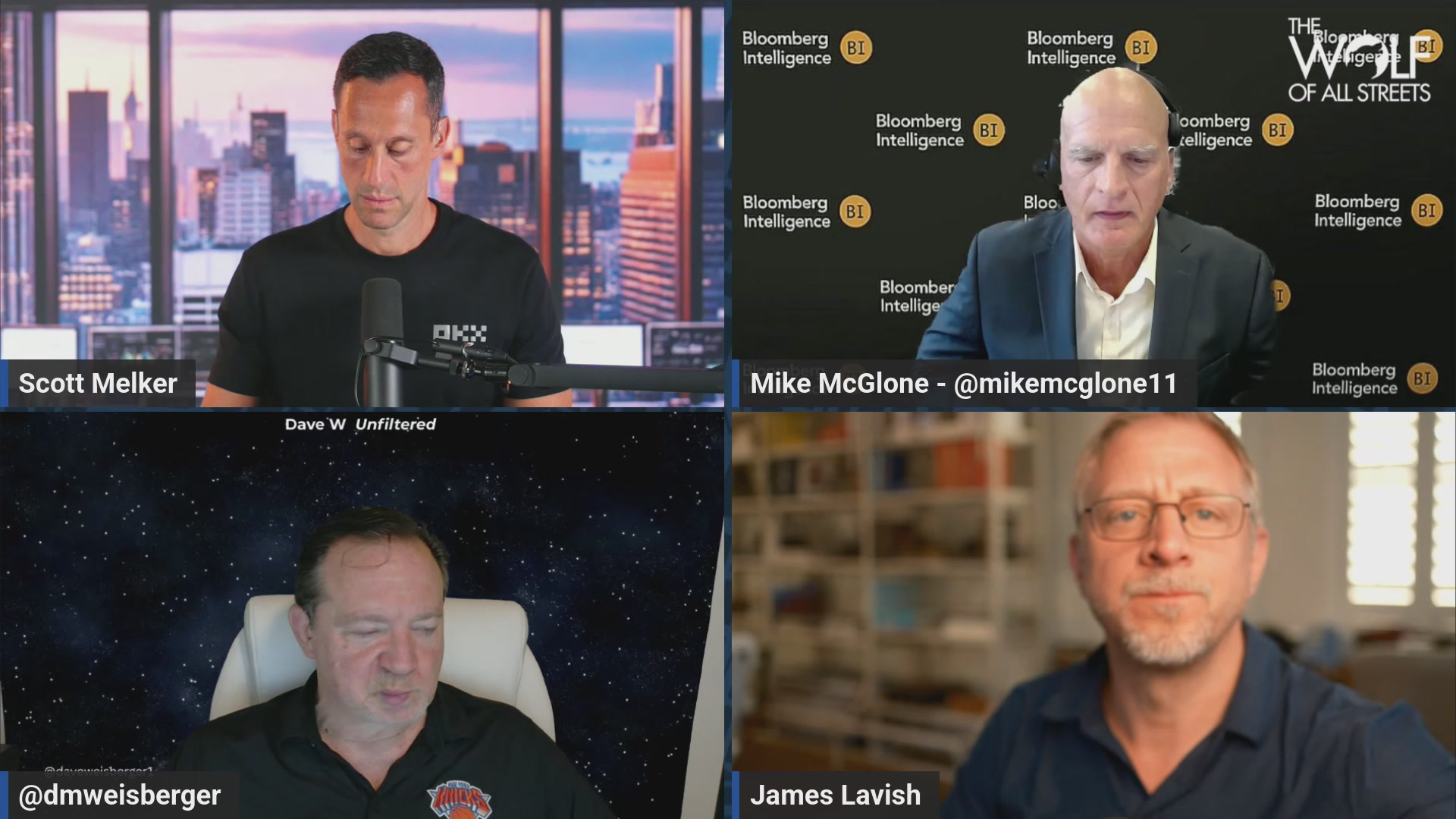 The image shows a group of four men sitting behind microphones, appearing to be participating in an interview or panel discussion. They are all wearing black shirts with white text that reads "Scott Melker", "Mike McInerney - Jim Mcclure", and "James LaSalle". The background features a city skyline, suggesting the setting could be a television studio or a conference room. The men seem to be discussing Bitcoin, as indicated by the caption in the image.