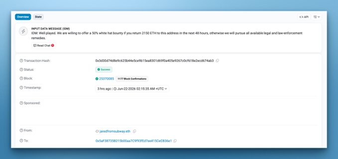 The image is an screenshot of a computer screen displaying a message from JaredFromSubway about a recent exploit that has occurred on their cryptocurrency mining platform. The post also mentions that they are offering a 50% white hat bounty for any ETH that gets returned to them within two hours after the transaction was processed.