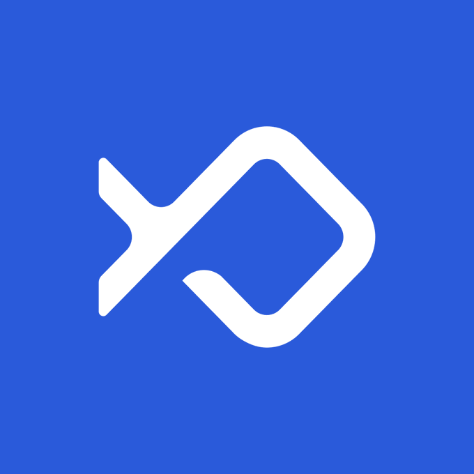 A minimalist white logo resembling an abstract, angular 'P' or interconnected geometric shape centered on a solid blue background.