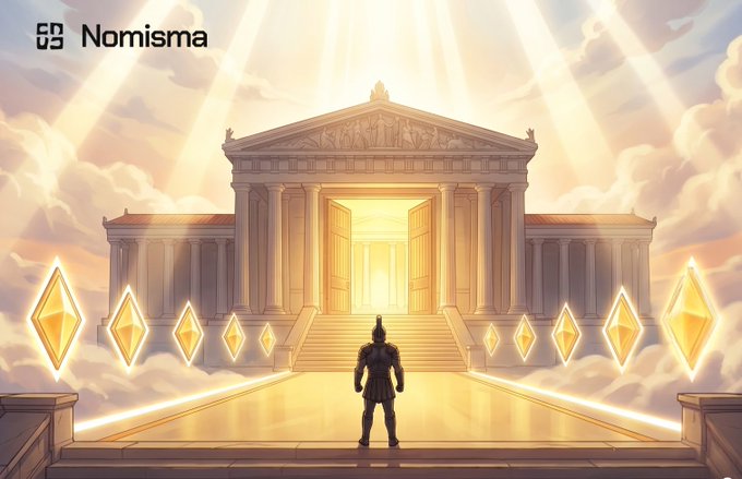 A Nomisma-branded digital illustration showing a warrior figure standing before a grand classical temple with glowing open doors, surrounded by floating golden diamond shapes and radiant beams of light.