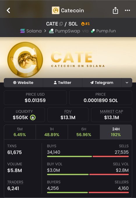 A cryptocurrency tracker app showing details for Catecoin (CATE/SOL), with a price of $0.01359, market cap of $13.1M, and significant price increases including a 192% gain over 24H.