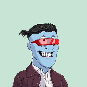A cartoon avatar of a blue-skinned character with a ponytail, stubble, red rectangular sunglasses, and a wide toothy grin, wearing a maroon jacket.