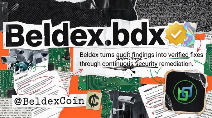 A promotional graphic for 'Beldex.bdx' with the handle '@BeldexCoin', featuring a collage of security audits, circuit boards, and text stating 'Beldex turns audit findings into verified fixes through continuous security remediation.'