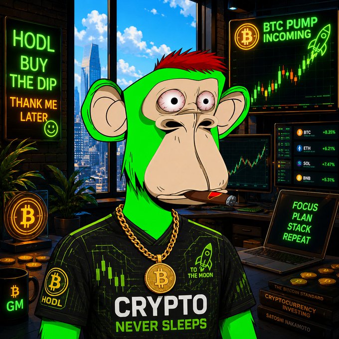 A cartoon green monkey with a red mohawk wears a Bitcoin chain and a black shirt reading 'CRYPTO NEVER SLEEPS', surrounded by neon signs including 'HODL BUY THE DIP' and 'BTC PUMP INCOMING' with price tickers for BTC, ETH, SOL, and BNB.