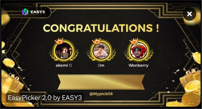 The image displays a "CONGRATULATIONS!" winner announcement banner from EasyPicker 2.0 by EASY3, showcasing three gold-crowned profile photos of winners "akemi," "Dm," and "Wonberry" (@Mypick08), which aligns with the post listing the three winners (@_akemi_001, @1uckyjww, @Ox_wonie) of the Easy3 picker competition.