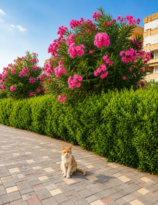 An orange and white cat sits on a paved walkway next to a neatly trimmed green hedge, with vibrant pink flowering bushes and a building in the background.