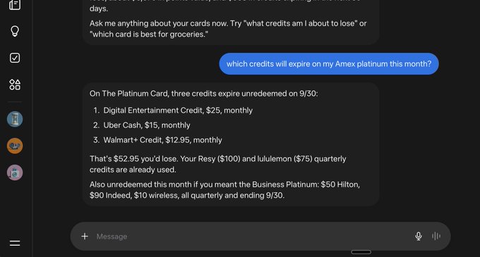 A chat interface shows a user asking, 'which credits will expire on my Amex platinum this month?' The AI responds detailing unused monthly credits: Digital Entertainment ($25), Uber Cash ($15), and Walmart+ Credit ($12.95), which total $52.95.