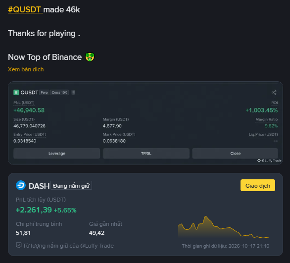 A trading app screenshot in Vietnamese showing a #QUSDT long position with +1,003.45% ROI and a DASH position that was held overnight with +5.65% profit.