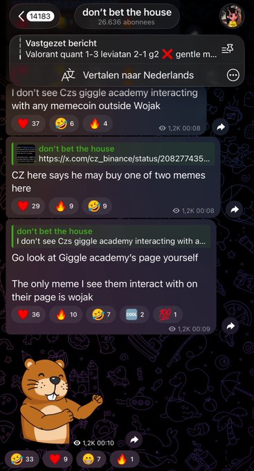 A Telegram channel chat titled 'don't bet the house' with messages discussing CZ's Giggle Academy and memecoin interactions, accompanied by a hamster sticker.