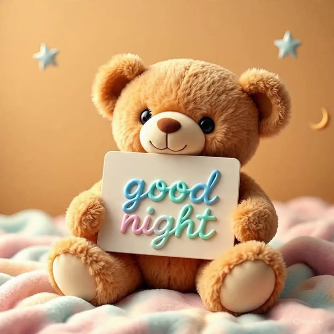 A cute brown teddy bear holding a white sign with colorful "good night" text, surrounded by small star and moon decorations on a soft pastel background.