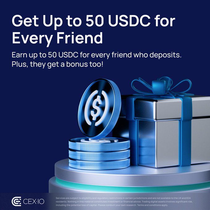A CEX.IO promotional graphic advertises "Get Up to 50 USDC for Every Friend," featuring a blue-lit USDC coin stack and gift box on a pedestal, visually reinforcing the referral bonus offer highlighted in the post.