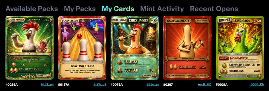 The image shows a collection of five different chicken card decks displayed side by side against a gray background. The decks feature various characters such as chickens, bowling pins, and other objects that are commonly found in the game "Chicken Troop". Each deck has its own unique design and features, showcasing the creativity and diversity within the gaming community.