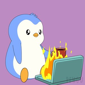 The image features a cartoon penguin sitting next to an open laptop computer, which appears to be on fire. The penguin seems to be enjoying its time with the laptop, possibly using it as a source of entertainment or warmth during colder weather conditions. The background is a solid purple color that contrasts with the blue and white elements in the image, making them stand out even more. The post reads "gm happy thursday legends", which could indicate that this scene was created for a humorous or whimsical purpose, possibly as part of a series or collection of illustrations related to the post's content.