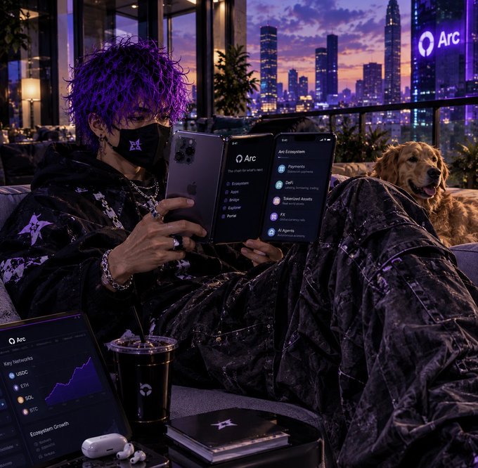 Stylized digital illustration of a purple-haired person wearing a mask and camo jacket, holding two devices displaying the 'Arc' app interface, seated next to a golden retriever with a city skyline in the background.