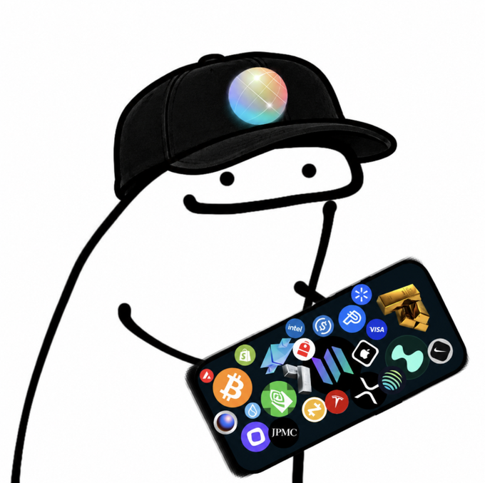 A cartoon stick figure wearing a snapback hat with a Bitcoin logo holds a tablet covered in cryptocurrency and finance app icons (including Bitcoin, JPMC, Visa, and "Solfire"). The image humorously portrays the stereotypical crypto trader, stereotyped as wearing Bitcoin merch while juggling numerous Solana and crypto apps—mocking the irony of a "Solana user" displaying Bitcoin branding alongside a chaotic mix of apps from different chains and services.