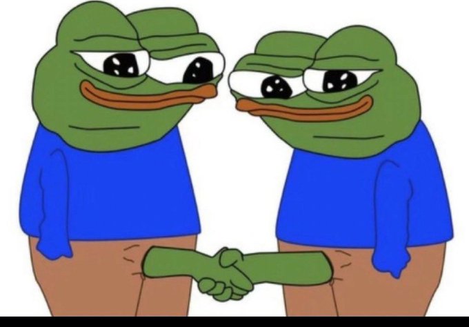 An image of two sad-looking Pepe the Frog characters in blue shirts and brown pants shaking hands against a white background.