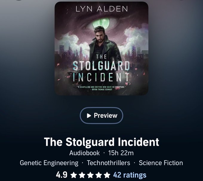 An audiobook listing on Apple Books for 'The Stolguard Incident' by Lyn Alden, a science fiction technothriller rated 4.9 stars with 42 ratings, listed at 15h 22m.