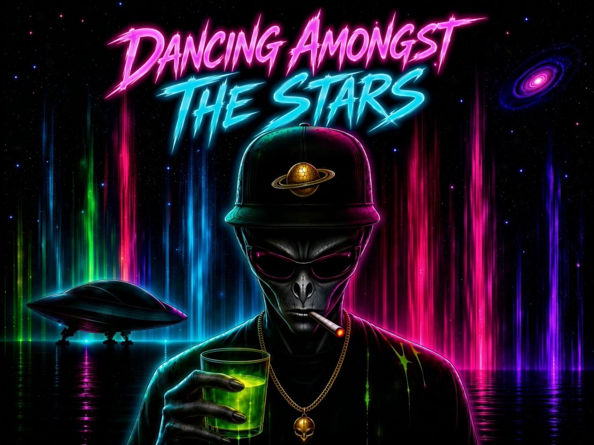 The image features an alien character with sunglasses, holding a drink and standing against a colorful background that includes neon lights and stars. The caption of the image reads "Dancing Amongst The Stars" and there are two ufo ships visible in the scene. The text also mentions that this is a post about dancing among the stars on social media platforms like Instagram or Twitter, which suggests that it might be related to an event or promotion involving dancing and music.