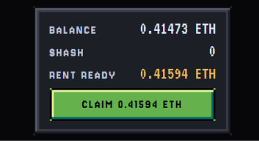 A screenshot from HashCats showing a balance of 0.41473 ETH, $HASH token count of 0, and 0.41594 ETH available to claim, with a green "CLAIM 0.41594 ETH" button. The image illustrates the post's claim about earning ETH rent rewards from holding $HASH tokens and "hodling" rather than immediately dumping.