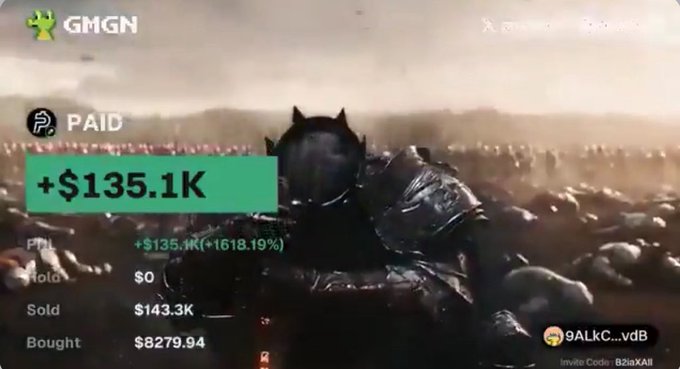 A dark, medieval-themed image of a knight in battle serves as the background for a GMGN financial dashboard, showing a profit of "+$135.1K (+1618.19%)" in large green text for a "PAID" token.