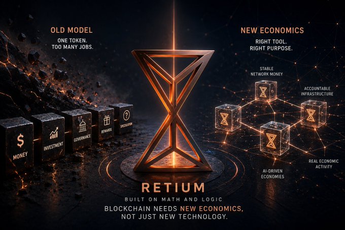 A promotional graphic for 'RETIUM' cryptocurrency with the tagline 'BUILT ON MATH AND LOGIC - BLOCKCHAIN NEEDS NEW ECONOMICS, NOT JUST NEW TECHNOLOGY,' contrasting 'OLD MODEL' features with 'NEW ECONOMICS' benefits.