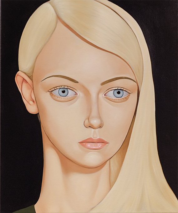 A smooth, stylized portrait painting of a young woman with pale skin, blonde hair, and striking blue eyes against a dark background.