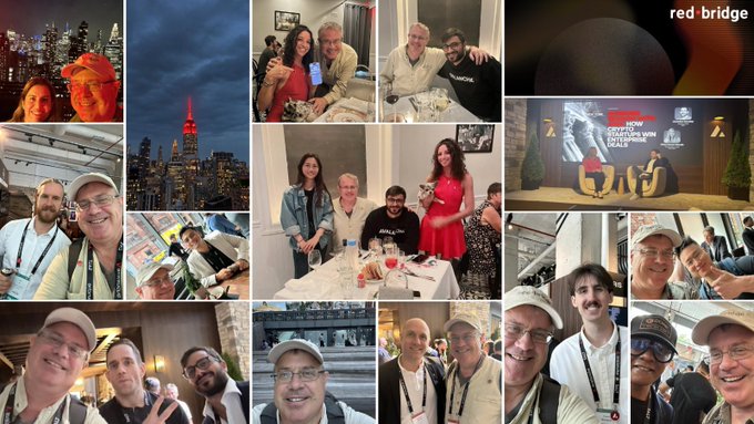 A photo collage from 'red bridge' showing various people at what appears to be a Tokyo Blockchain Enterprise event, featuring men in lanyards, city skyline views, and a stage with presenters.