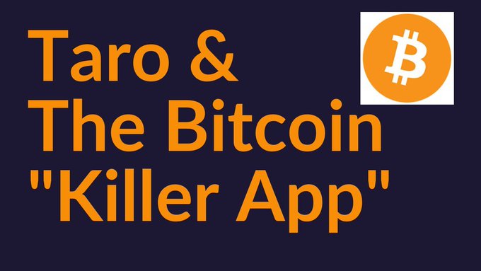 Graphic with text 'Taro & The Bitcoin "Killer App"' alongside the Bitcoin logo on a dark background.