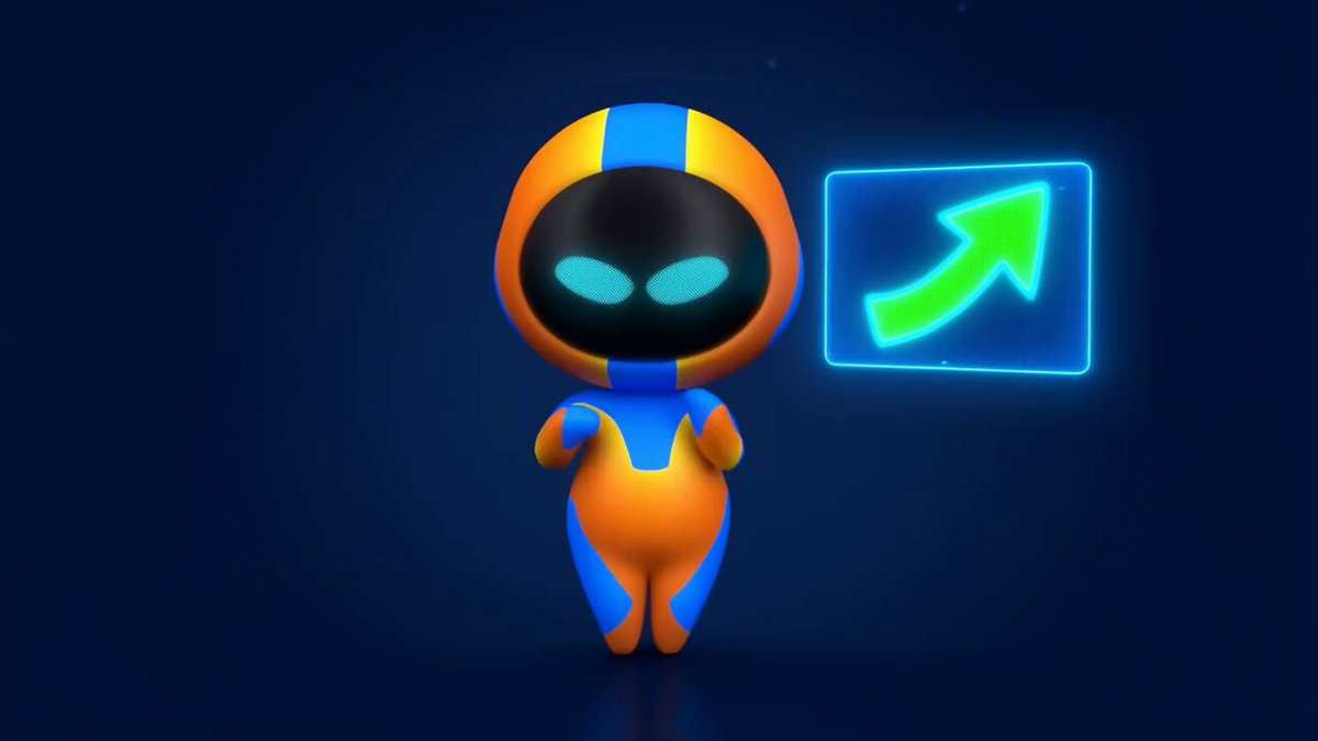 The image features a cartoon robot with an orange suit, blue helmet, and green eyes standing against a dark background. The robot appears to be facing towards the right side of the image. In the top left corner of the image, there's a neon arrow pointing upwards. The caption below the image reads "Alpha Report - Top Performers Solana".