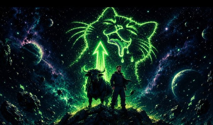 Digital art of a man and a bull standing on a rocky cliff, with a large glowing green cat face and an upward-pointing arrow superimposed against a starry cosmic background with planets.