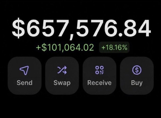 The image displays a crypto portfolio balance showing $657,576.84, with a gain of +$101,064.02 (+18.16%) in green, alongside four action buttons: Send, Swap, Receive, and Buy. The large portfolio value visually reinforces the caption's message that "one coin is all it takes," suggesting the substantial returns were achieved from a single successful investment.