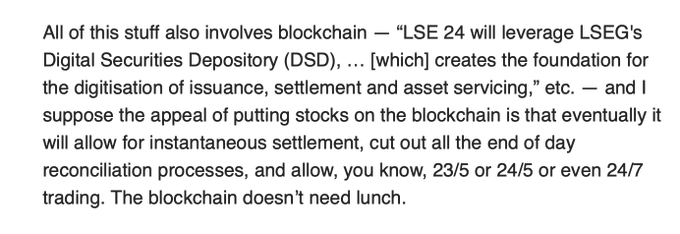 A screenshot of text discussing the London Stock Exchange's move to blockchain technology via LSEG's Digital Securities Depository (DSD), highlighting how blockchain enables instantaneous settlement, eliminates end-of-day reconciliation, and allows for 24/7 trading.