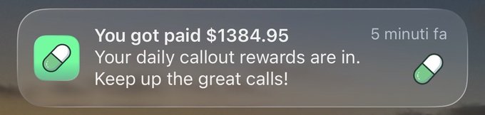 A smartphone notification reads "You got paid $1384.95 - Your daily callout rewards are in. Keep up the great calls!" This corresponds to the post's claim of earning $1,384 from daily "callout" rewards on the Pumpfun App, visually confirming the payout being celebrated.