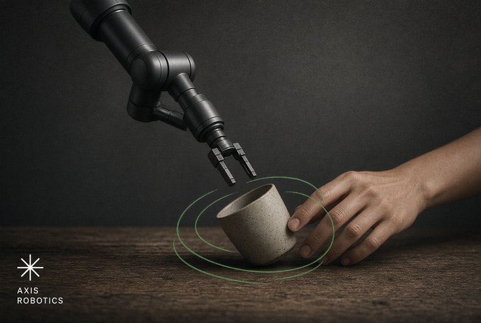 A robotic gripper hovers above a tilted ceramic cup held by a human hand, with concentric green circles highlighting the cup as the focal point of interaction. The "AXIS ROBOTICS" logo appears in the lower-left corner, visually representing the human-robot collaboration where the robot learns from human demonstrations to determine optimal training inputs.