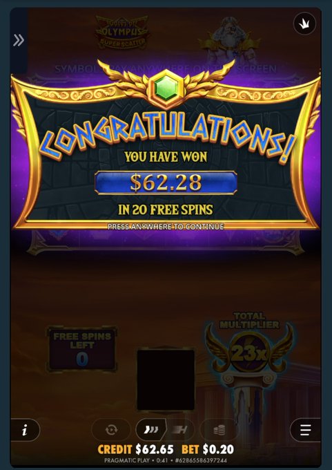 A screenshot from the 'Power of Olympus' slot game by Pragmatic Play showing a 'CONGRATULATIONS! YOU HAVE WON $62.28 IN 20 FREE SPINS' notification with a 2.3x total multiplier, displayed in credit mode with a $62.65 credit balance and $0.20 bet.