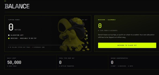 The image shows a "BALANCE" dashboard displaying a $MOTION token tipping account with 0 tipping power, 0 $MOTION received, 0 tips sent, and a 50,000 daily limit, alongside a "NOTHING TO CLAIM YET" notification. This relates to the post because the user is frustrated about waiting 30 minutes for their $MOTION tokens to arrive, highlighting the typical experience of seeing an empty balance and pending claim on the platform before tips are processed.