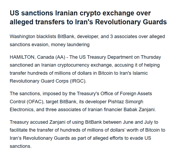 A news article titled 'US sanctions Iranian crypto exchange over alleged transfers to Iran's Revolutionary Guards' details the US Treasury blacklisting BitBank and developer Pishtaz Simorgh Electronics for alleged sanctions evasion and money laundering.